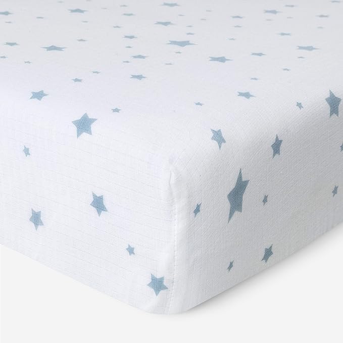 Newton Baby Organic Fitted Crib Sheets (2-Pack) - Ultra Breathable and Soft, 100% Organic Muslin Cotton, Stardust in Moonstone Mist & Solid White, Fits Standard Cribs