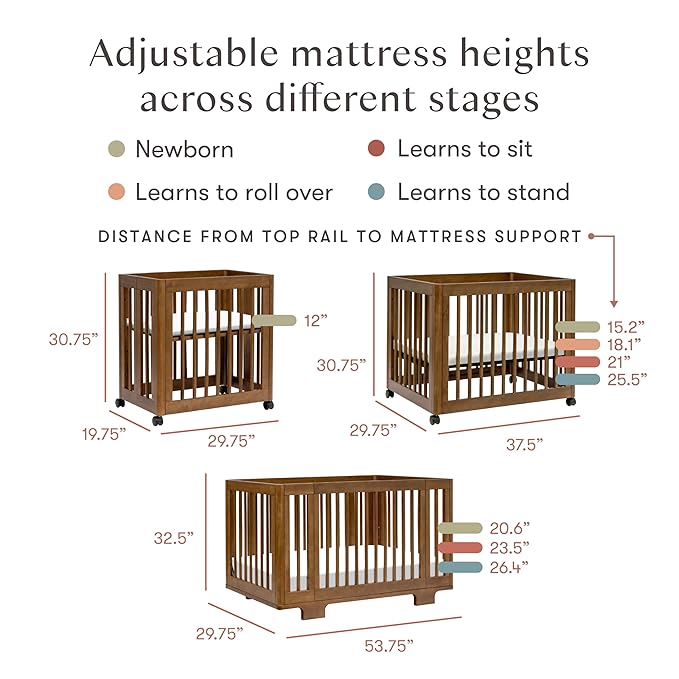 Babyletto Yuzu Convertible All-Stages Bassinet, Midi, Standard Crib in Natural Walnut, Greenguard Gold Certified, Portable & Adjustable with Conversion Kits and Pads Included