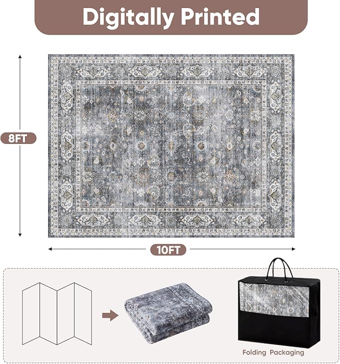 8x10 Rug Washable Boho Rug Soft Large Area Rug Non-Slip Non-Shedding Faux Wool Vintage Rug for Living Room, Farmhouse, Dining Room, Indoor, Kids Playroom (Grey)