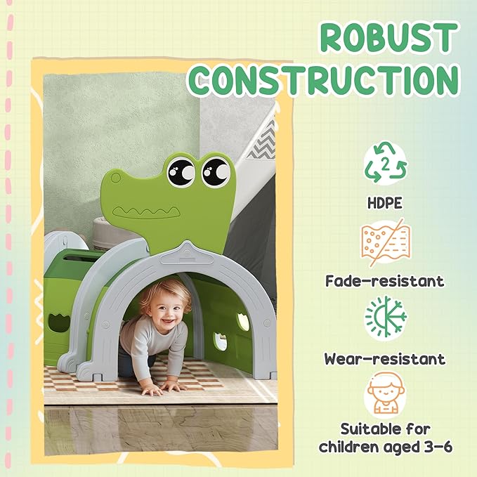 Qaba Crocodile Tunnel, Toddler Tunnel for Kids Crawl and Climb Through, Kids' Play Structure Indoor Outdoor, 6 Sections, Green