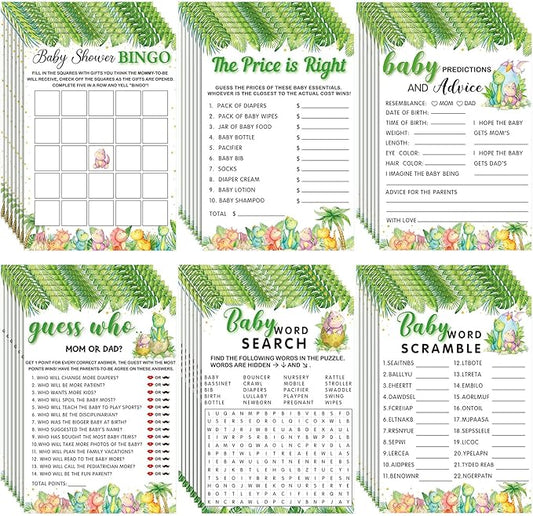 Jetec 302 Pcs Cute Dinosaur Theme Baby Shower Games, 6 Games, 50 Sheets Each, Shower Bingo, Word Scramble, Baby Word Search, Predictions and Advice, The Price is Right, Guess Who
