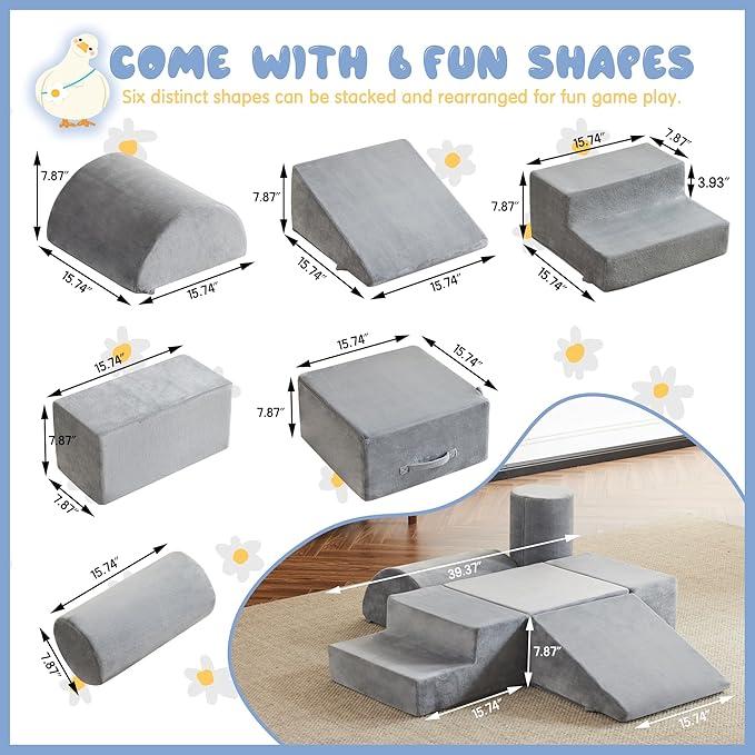 jela Kids Foam Climbing Blocks 6Pcs Soft Play Equipment Soft Velvet, Toddler Climbing Toys Indoor Soft Play Climbing for Toddlers, Lightweight Climbing Blocks for Babies, Climb and Crawl Foam Playset