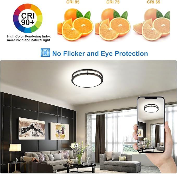 DLLT Flush Mount LED Ceiling Light: 13 Inch 5CCT (3000K-6000K) & Dimmable Ceiling Light Fixtures for Bedroom Hallway - 24W Modern Black Super Bright Kitchen Lighting Fixtures Ceiling