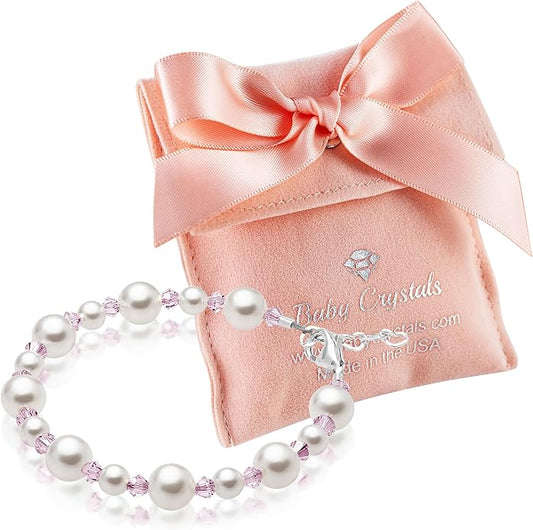 Sterling Silver Initial Charm Personalized Birthstone Bracelets for Girls, Baby Girl, Birthday Gifts for, Newborn, infant, Toddler, Teen, Pearl Bracelet, Birthstone Jewelry Crystals