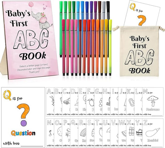 Geelin 51 Pcs Fun Baby Shower Game Activities First Abc Book Sign Coloring Game Card 26 Alphabet a to Z Coloring Card with 24 Watercolor Pen Storage Bag for Baby Shower Party(Pink Elephant)