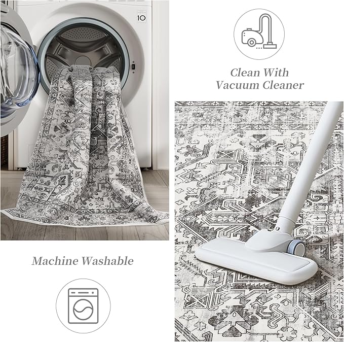 zesthome 8x10 Area Rugs for Living Room,Non-Slip Backing Washable Rugs,Vintage Large Area Rug，Stain Resistant Home Decor Rug (Grey/White,8'x10')