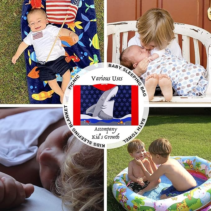VOOVA & MOVAS Toddler Bath Towels Age 3-10,30''X50, Soft | Thick | Cotton | Oversized Absorbent - Beach | Bath | Pool | Swim Towels for Boys and Girls | Big White Shark