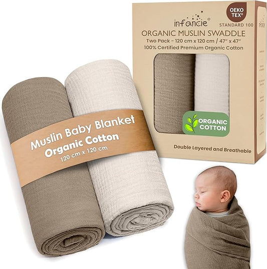 Organic Cotton Muslin Baby Blanket - 47x47 Inch Breathable Swaddle, Hypoallergenic Double-Layer, Versatile Use (Olive/Ivory, 47x47 Inch)