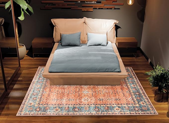 Bloom Rugs Washable Non-Slip 6' x 9' Rug - Orange/Teal Blue Traditional Bordered Area Rug for Living Room, Bedroom, Dining Room, and Kitchen - Exact Size: 6' x 9'