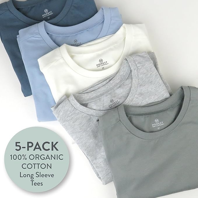 HonestBaby 5-Pack Long Sleeve T Shirts 100% Organic Cotton for Toddler, Little Kids Boys, Girls