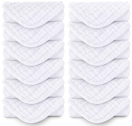 MOON PARK Baby Washcloths, 12 Pack - 12x12 Inches, Small Burp Cloths and Baby Wipes - 100% Cotton Muslin Ultra Soft for Newborn, Infant and Toddlers - White