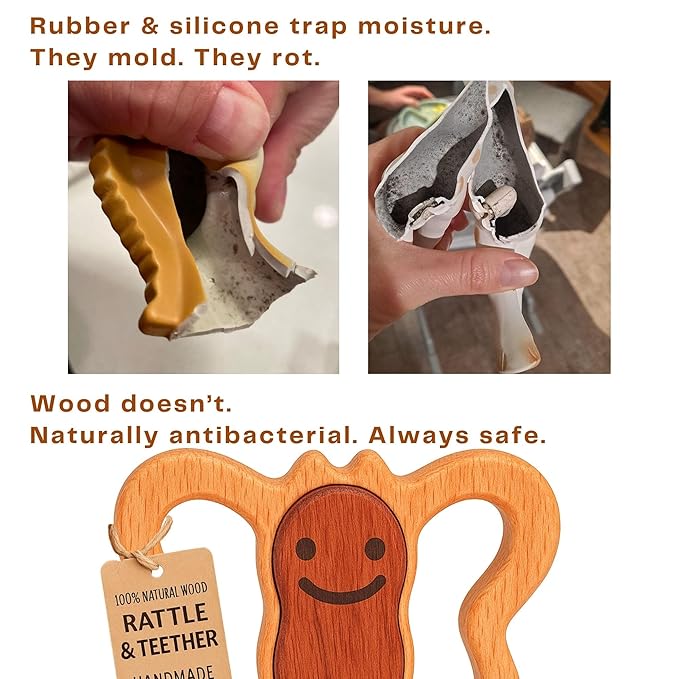 HippoToys 100% Natural Wooden Baby Rattle – Handmade Montessori Toy, Plastic-Free, No Toxins or Paint – Safe Gift for Newborns to 12 Months