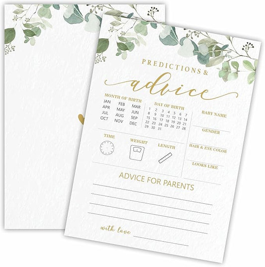 Predictions & Advice Game Cards For Baby Shower - Golden Greenery - 30 Double-Sided Fill In Style Game Cards For Gender Reveal, Baby Announcement, Party Games & Activity - D02