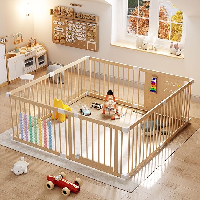 Large Wooden Baby Playpen for Babies and Toddlers, Adjustable Play Yard with Anti-Slip Base, Locking Gate & Easy Assembly, Indoor Kids Activity Center Safety Play Fence 63.5×63.5