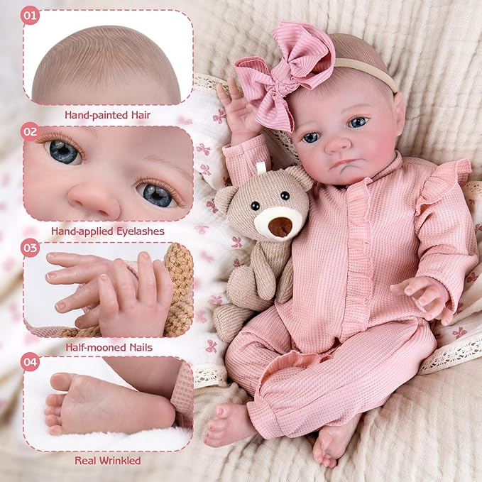 Aori Lifelike Reborn Baby Dolls - 20 Inch Ultra Realistic Girl Newborn Baby Doll with Weighted Body for Cuddling Poseable Soft Vinyl Doll Includes Pink Outfit Set for Kids 3+ Role Play