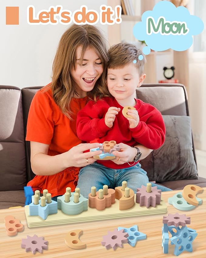 Montessori Toys for 1 2 3 Year Old Boy Girl, Star Shaped Toys for Ages 2-4 Toddlers Kids Baby, 1 2 Year Old Boy Girl Birthday Gifts, Wooden Learning Puzzles Shape Sorter Toy for Toddlers
