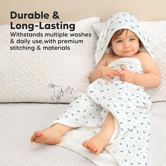 KeaBabies Muslin Baby Bath Towels with Hood for Girls, Boys, Large Organic Cotton Hooded Baby Towels for Newborns, Toddlers, Infant, Kids, Soft Absorbent Newborn Bath Essentials Gift Set (Whale Bay)