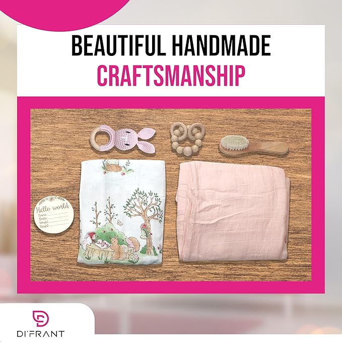 DI'FRANT Newborn Baby Gift Box | Educational Teething Toy & Soothing Crochet Rattle Set | 70% Bamboo & 30% Cotton | Perfect Baby Full Moon Gift in Eco-Friendly Kraft Box (Pink Rabbit)