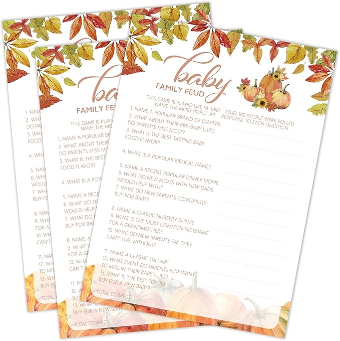 Fall Baby Shower Games, Baby Family Feud Game Cards, 5x7 in, Thanksgiving Baby Shower Party Favor Decorations Supplies - A06