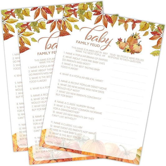 Fall Baby Shower Games, Baby Family Feud Game Cards, 5x7 in, Thanksgiving Baby Shower Party Favor Decorations Supplies - A06