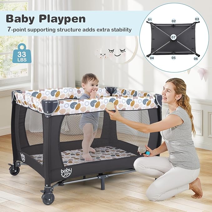 HONEY JOY 5-in-1 Pack and Play with Bassinet, Infant Nursery Center Pack and Play w/Newborn Cradle & Hanging Toys, Diaper Storage Bag, Music, Carry Bag, Portable Baby Playard w/Changing Station (Blue)