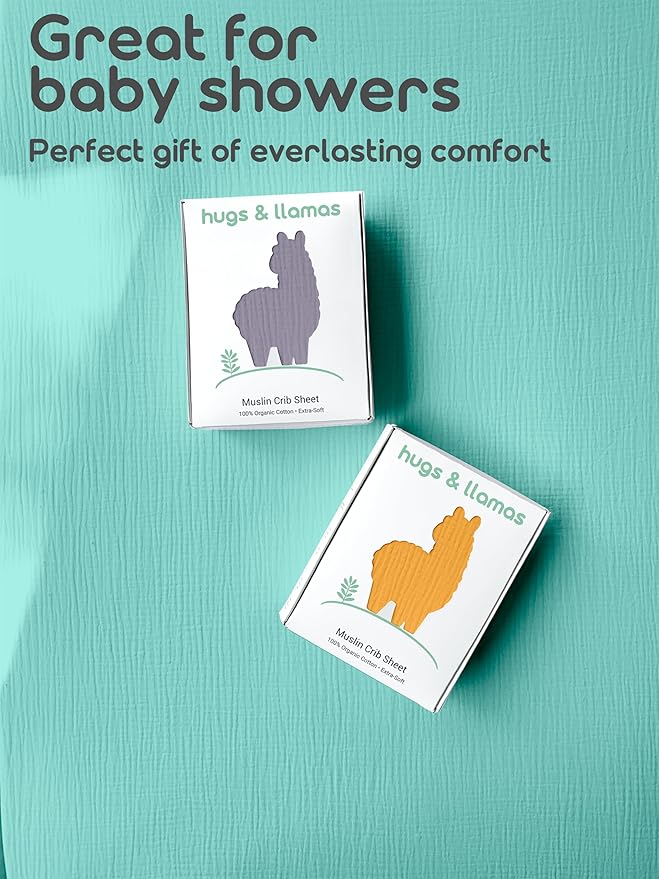 Hugs & Llamas | 100% Organic Cotton Muslin Fitted Sheet | Premium Baby Crib Sheets for Boys & Girls - Neutral