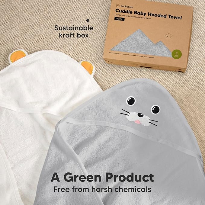 KeaBabies Hooded Baby Towel for Newborn - Viscose Derived from Bamboo Large Baby Bath Towels with Hood for Boys, Girls, Toddler, Extra Absorbent & Soft Newborn Bath Essentials (Seal)
