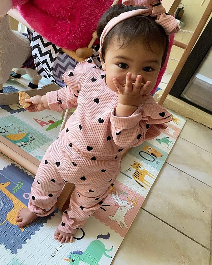 Fullfamous Baby Girl's 3pc Rib Frill Long Sleeve Romper and Pant Set