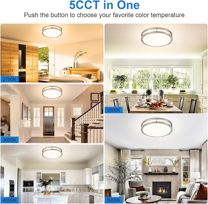 DLLT Flush Mount LED Ceiling Light: 13 Inch 5CCT (3000K-6000K) & Dimmable Ceiling Light Fixtures for Bedroom Hallway - 24W Modern Brushed Nickel Super Bright Kitchen Lighting Fixtures Ceiling