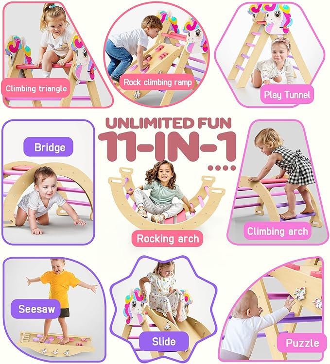 Pikler Triangle Climbing Set - 11-in-1 Foldable Montessori Climbing Toy for Toddler 18M-7Y, Wooden Indoor Jungle Gym with Arch&Ramp&Ladder, Kids Climbing Toys Playset for Playroom & Backyard