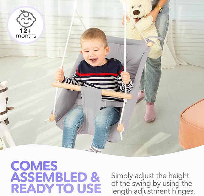 CaTeam Canvas Toddler Swing – Indoor/Outdoor Hanging Chair for Patio & Playroom with Safety Belt – Wooden Baby Seat for Ages 12+ Months – Taupe Gray