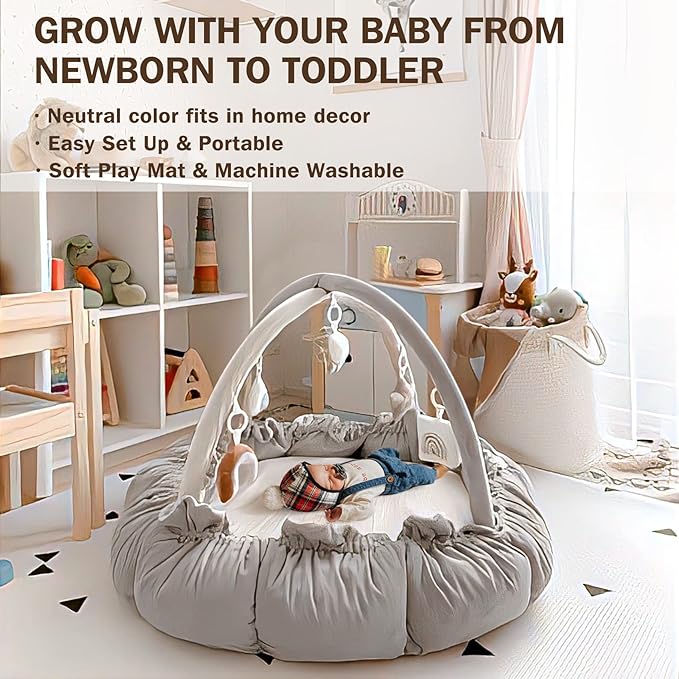5-in-1 Convertible Baby Play Gym with 6 Toys, Tummy Time Mat for Sensory Development, Baby Activity Center from Newborn to Toddler, Ball Pit, Cat & Dog Bed, Soft Plush Pet Bed, No Ball Included