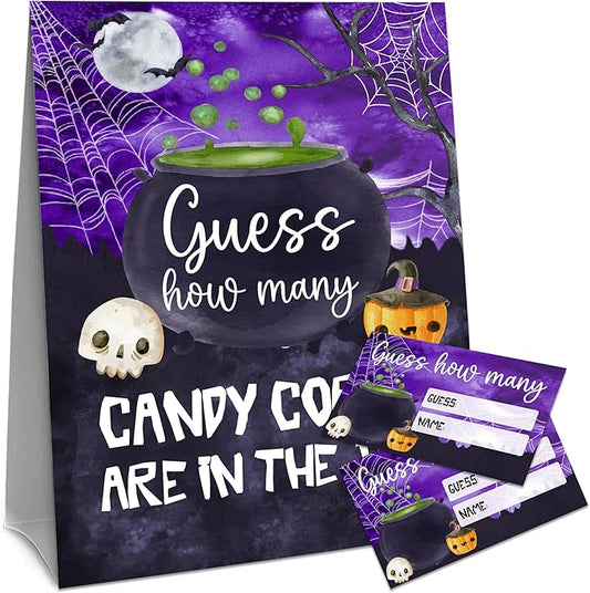 Halloween How Many Candy Corns Are In The Jar - 1 Standing Sign & 50 Guessing Cards - Halloween Witch Bowl Party Game & Decoration For Boys, Girls, Adults - Baby Shower, Birthday Game Set - A10