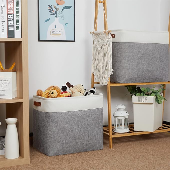 HNZIGE Large Storage Baskets Rectangular Storage Bins Baskets for Organizing [2 Pack] Tall Shelf Baskets with Handles, Decorative Organizer for Storage Home, Closet (White Grey)