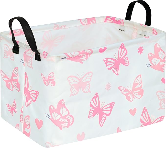 Rectangle Kids Gift Storage Basket Shelf Storage Basket Organizer Box Clothes Laundry Hamper Toys Nursery Basket Baby Laundry Basket with Handles (Pink Butterfly)