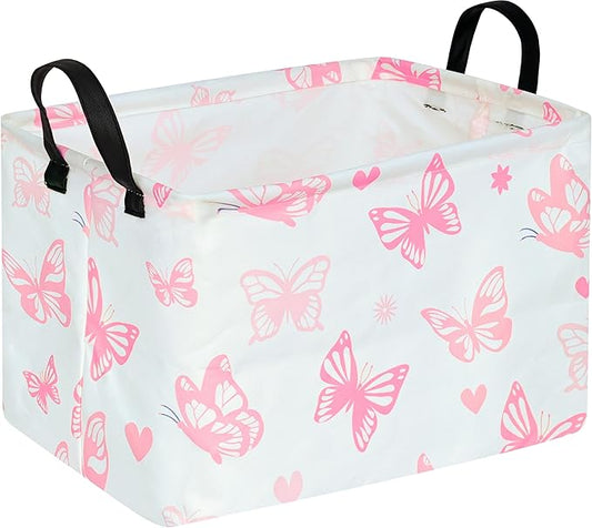 Rectangle Kids Gift Storage Basket Shelf Storage Basket Organizer Box Clothes Laundry Hamper Toys Nursery Basket Baby Laundry Basket with Handles (Pink Butterfly)
