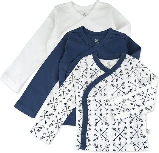 HonestBaby 3-pack Long Sleeve Side-snap Kimono Tops 100% Organic Cotton for Newborn Baby for Infant Boys, Girls, Unisex
