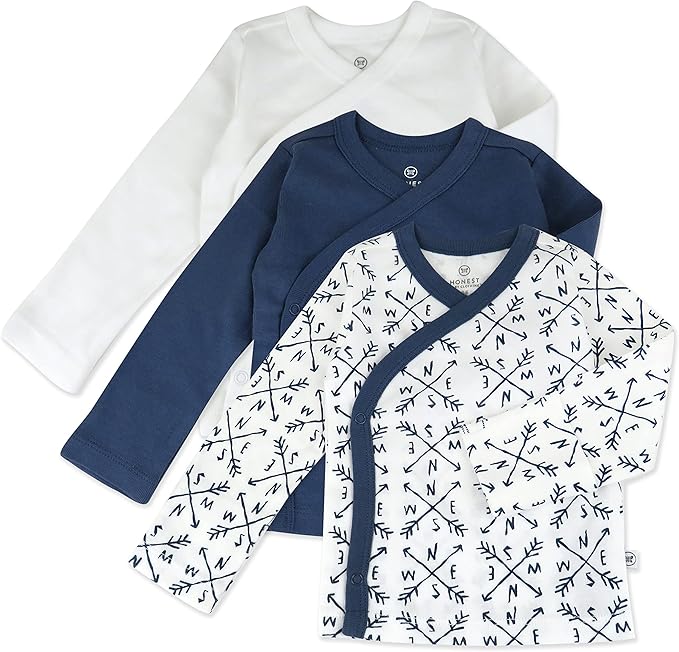 HonestBaby 3-pack Long Sleeve Side-snap Kimono Tops 100% Organic Cotton for Newborn Baby for Infant Boys, Girls, Unisex