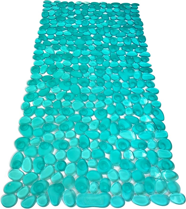 “Pebbles” Non-Slip Bathtub/Shower Mat 27.5”x14” Rectangular, Non-Toxic, Safe, Clean, Machine-Washable, Superior Grip & Drainage, Vinyl, for Smooth Floors ONLY, Transparent Turquoise