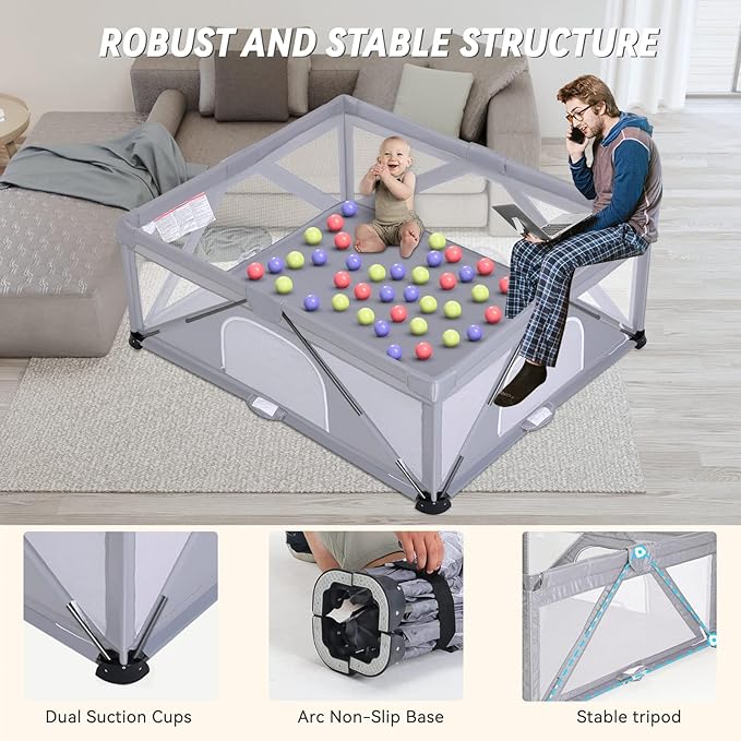 Foldable Baby Playpen, Extra Large Play Pen for Babies and Toddlers, Baby Fence Play Yard, Safety Kids Portable Playpin Indoor&Outdoor (59"X71",Grey)