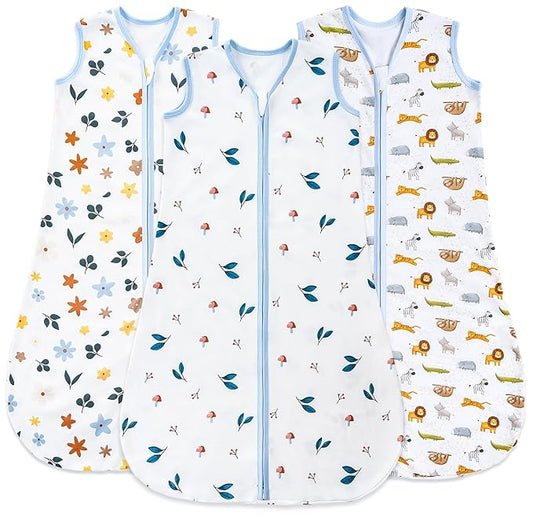 Baby Sleep Sack 0-6 Months, 100% Organic Cotton Wearable Blanket for Babies, 2-Way Zipper TOG 0.5 Lightweight Breathable Baby Sleeping Bag, 4 Sizes-S Animal&Plant&White