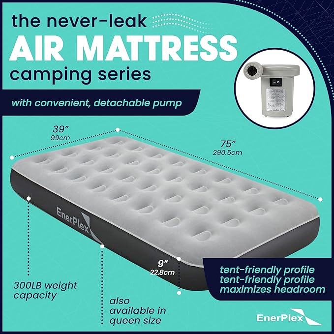 EnerPlex Camping Air Mattress with Built in Pump - Twin Blow Up Mattress for Travel & Guests - Portable Bed for Adults and Kids - Grey