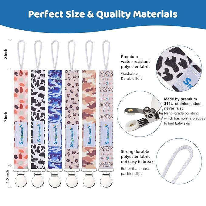 Smlpuame Pacifier Clip for Baby Boys Girl,6 Pack Stylish Binky Clips Strap,Paci Holder with Metal Clips Universal Lightweight Fits Most Pacifiers Teeher Toy,Baby Gifts(Boho & Leopard & Camo)