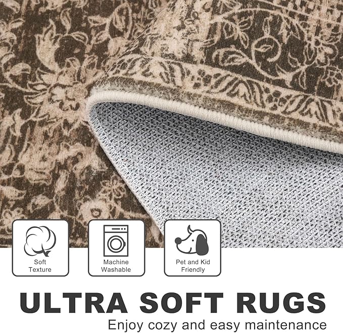 KILOCOCO Hallway Runner 2x6 Rug Runner Printed Vintage Floral Washable Kitchen Runners Non-Slip Rubber Backed Runners for Hallways Laundry Room Distressed Boho Rugs for Entryway Bedroom, Rust Red