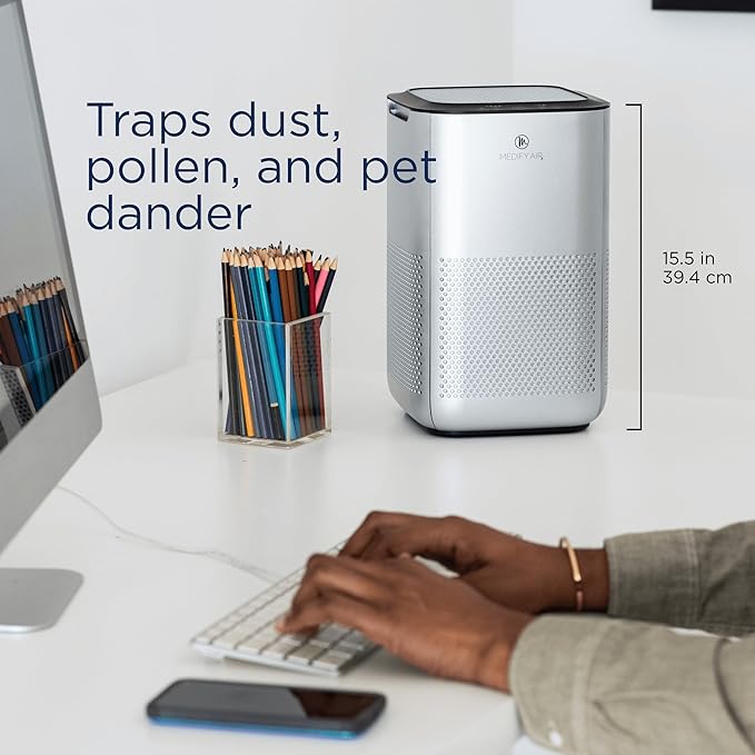 Medify MA-15 Air Purifier with True HEPA H13 Filter | 585 ft² Coverage in 1hr for Allergens, Smoke, Wildfires, Dust, Odors, Pollen, Pet Dander | Removal to 0.1 Microns | Silver, 1-Pack