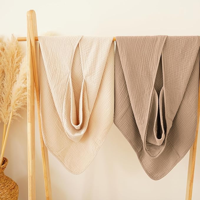 Konssy 2-Pack Muslin Hooded Baby Towels, 100% Cotton, Ultra-Soft & Absorbent Baby Bath Towels with Hood for Newborn & Infant (Cream, Camel,30" x 30")