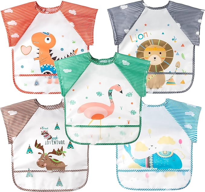 R HORSE 5Pcs Short Sleeved Bib for Baby Toddlers Waterproof Sleeved Bib with Pocket Animal Infants Feeding Bib for 0-36 Month