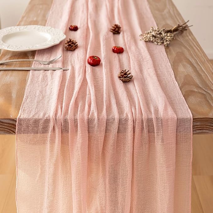 3pcs Pink Gauze Rustic Cheesecloth Table Runner 120 Inch 10 FT for Wedding Baby Shower Bridal Shower Birthday Engagement Garden Outdoor Party Long Sheer Boho Decorations