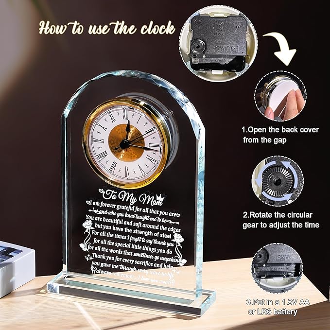 Crystal Desk Clock Gifts for Mom from Daughter Son Birthday Mother's Day I Love You Presents for Mommy Home Christmas Keepsakes for Her Table Decor