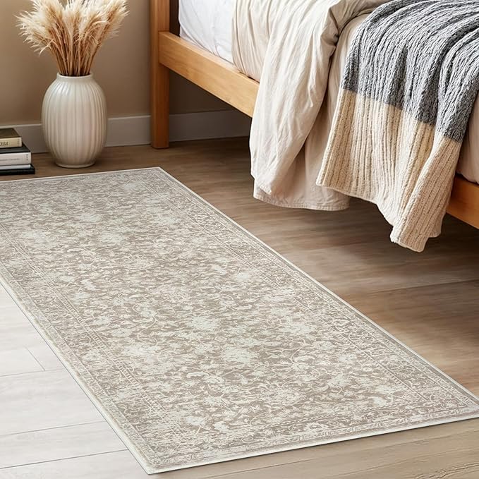 KILOCOCO Hallway Runner 2x5 Kitchen Runner Rug Printed Vintage Floral Washable Non-Slip Runners for Hallways Laundry Room Rugs Distressed Boho Rug for Bedroom, Beige
